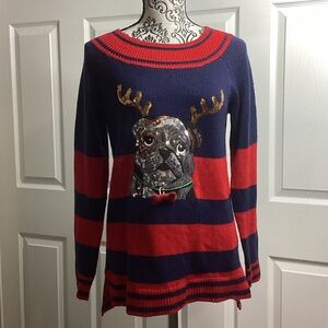 Holiday Time Navy & Red Striped Sweater with Sequin Reindeer Bulldog Design S